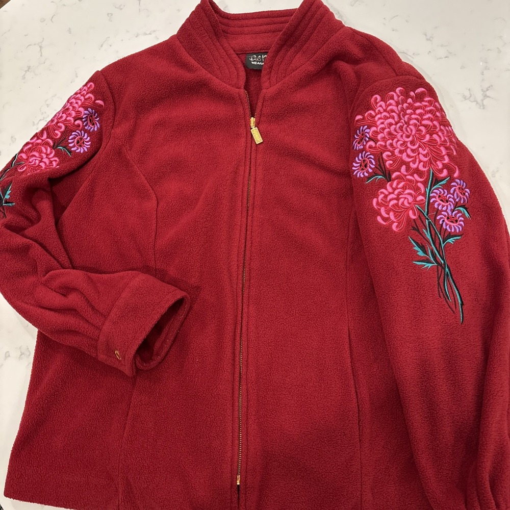 VTG Bob Mackie Wearable Art Fleece Jacket Floral Embroidered Cranberry Size‎ 1X